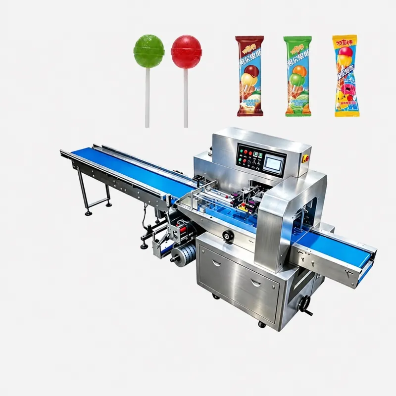 Published lollipop catalog reference with a horizontal wrapper, infeed conveyor, unwrapped lollipops and wrapped product examples.