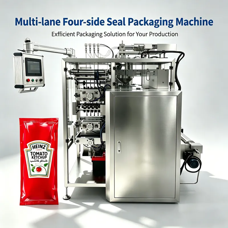 Authorized catalog photo of four-side seal sauce packaging equipment.