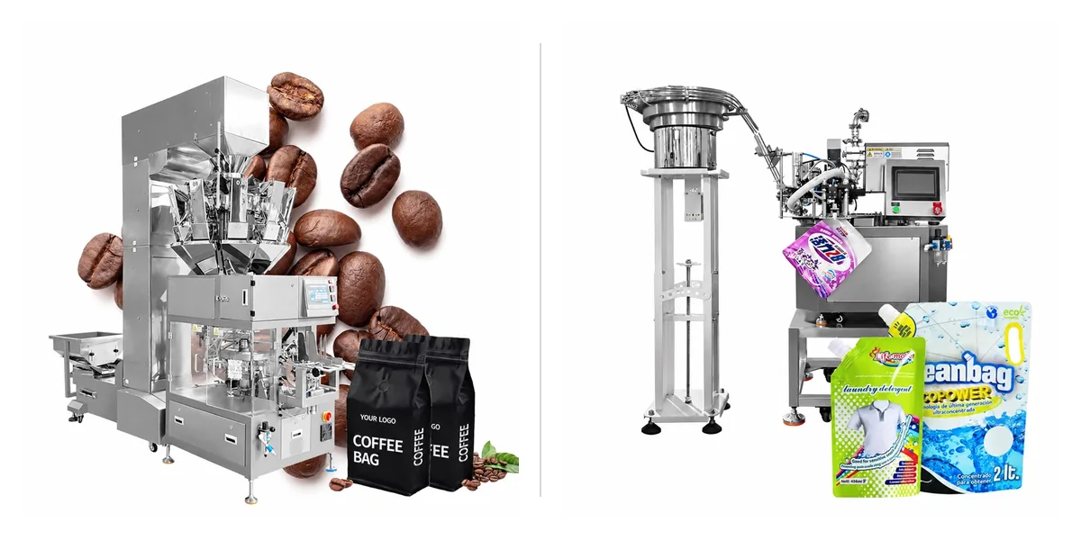 Two catalog premade pouch machines side by side: a pick-fill-seal machine with a multihead weigher and sealed stand-up pouches, and a spout pouch filler with a cap feeder and spout pouches.