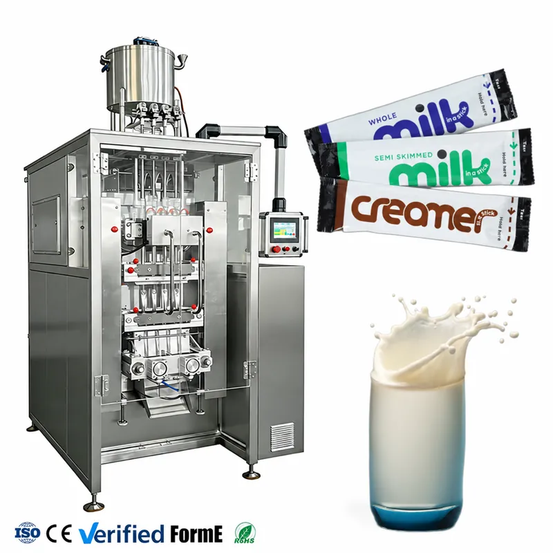 Catalog image of a multi-lane powder stick machine with a milk creamer pack example.