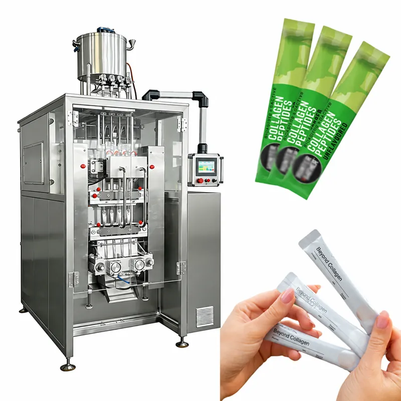 Catalog image of a back-seal powder stick machine with narrow finished-pack examples.