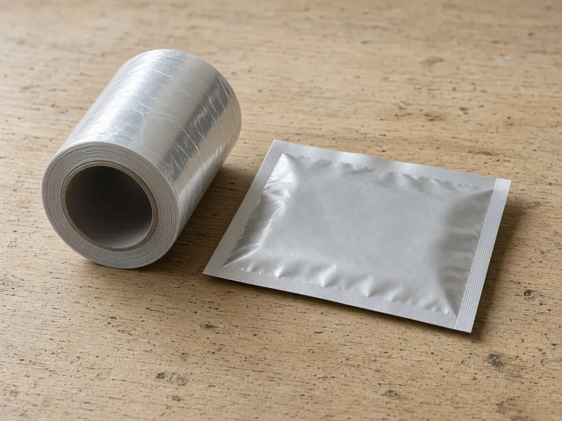 A plain roll of film beside one unprinted flat sachet on a wood table.