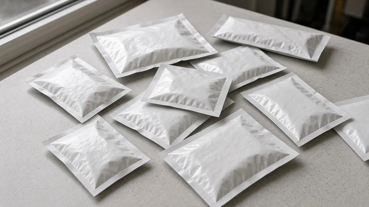Unprinted flat sachets of different widths lying on a gray table beside a window.