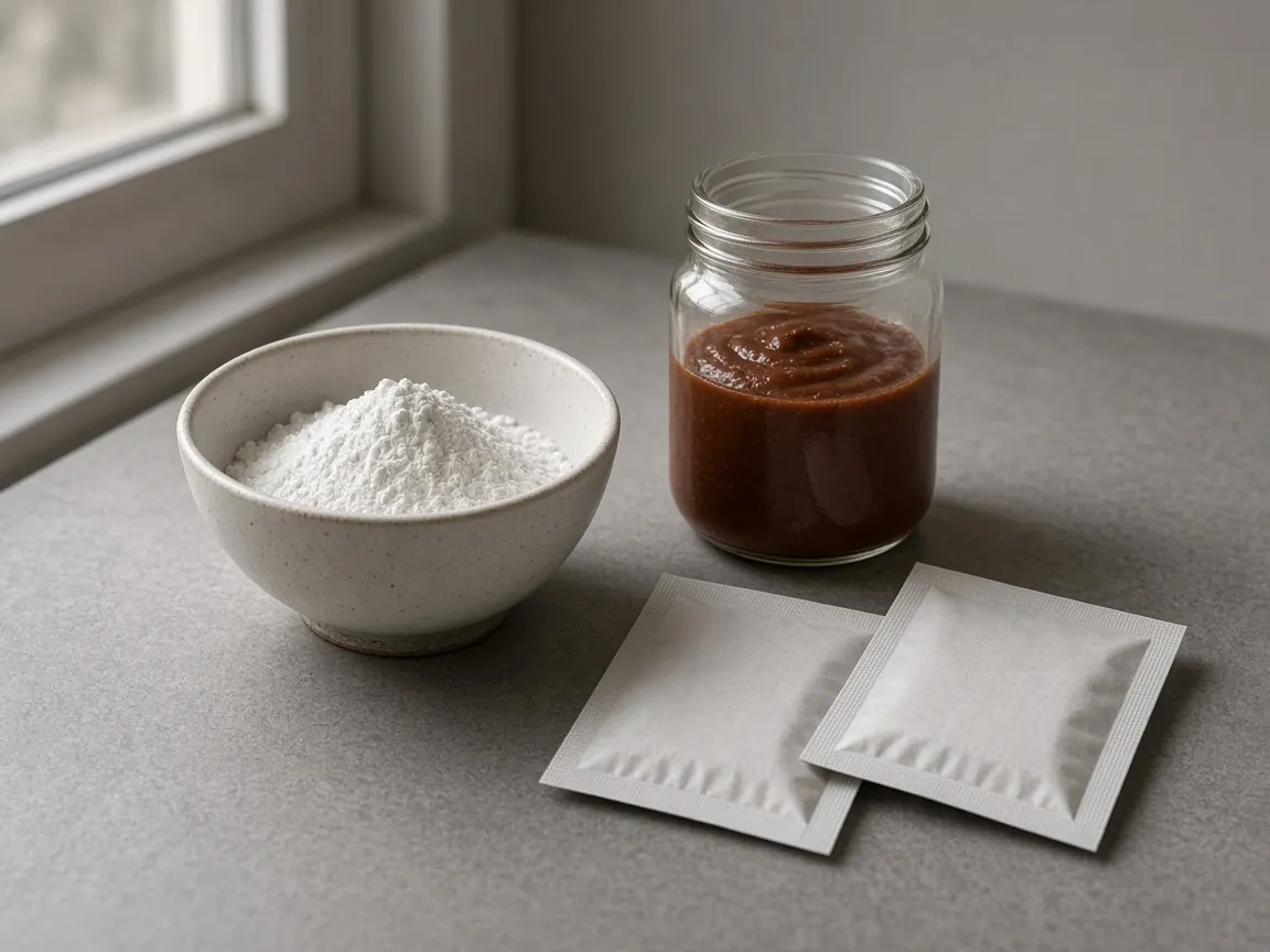 A bowl of fine powder and a jar of thick sauce beside two unprinted flat sachets.