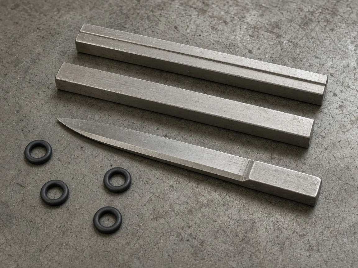 Two metal bars, a pointed blade, and four rings on a scratched metal bench.