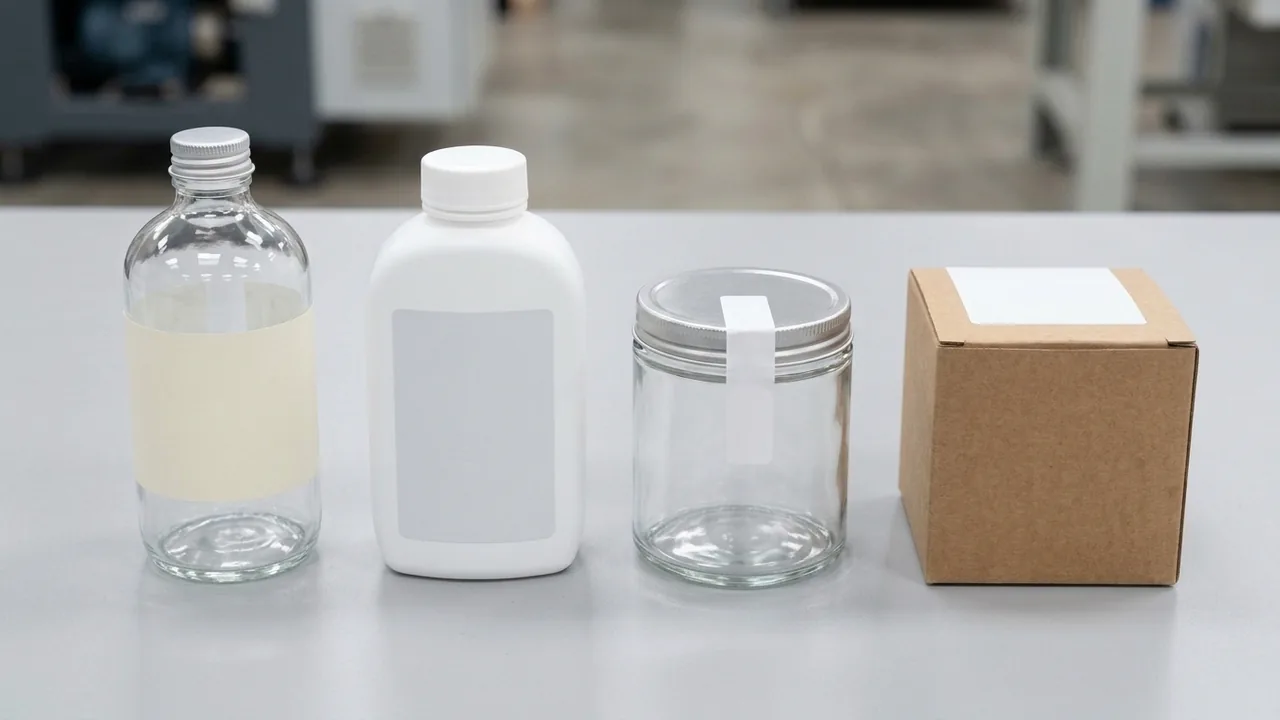 Four unbranded containers on a workshop bench showing distinct label placement geometries: a round glass bottle with a wrap-around band, a flat oval HDPE bottle with a front panel patch, a glass jar with a lid-to-shoulder tamper strip, and a kraft carton with a top-surface label