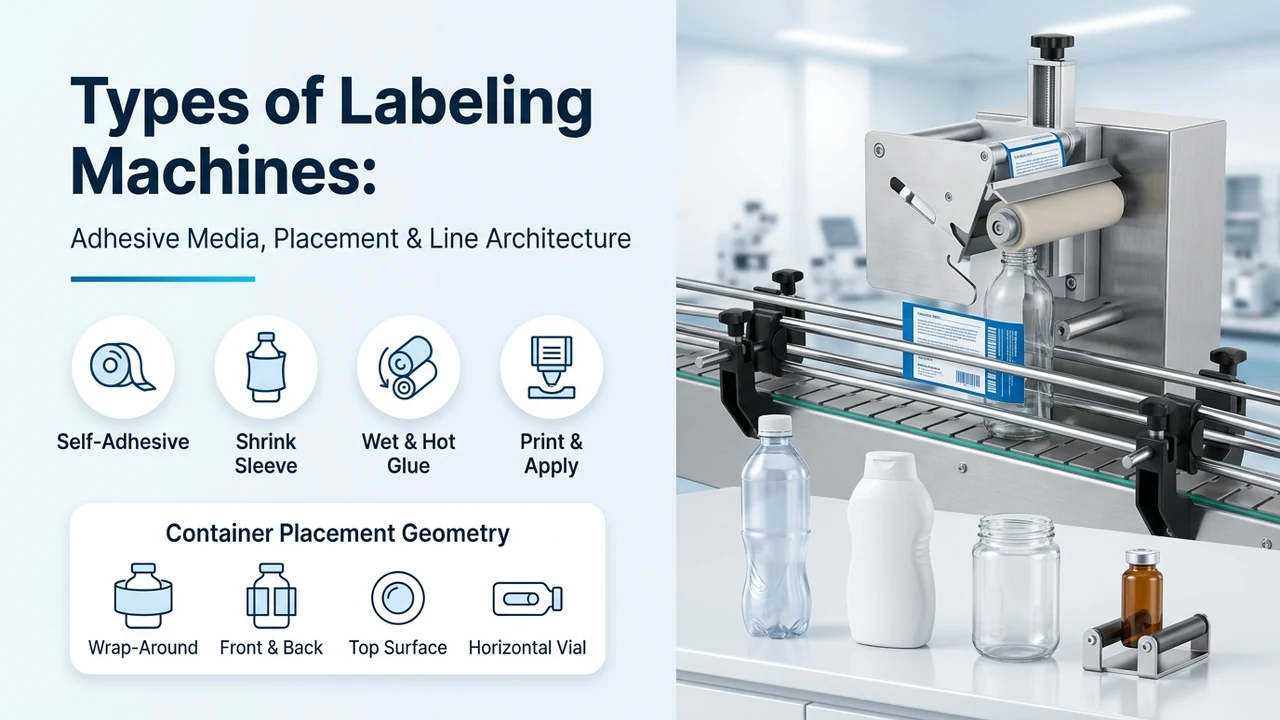 Workbench comparison of three unprinted label media formats: a roll of die-cut pressure-sensitive labels on release liner, a stack of flat cut-paper labels beside a stainless-steel glue roller, and a roll and upright cylinder of clear lay-flat shrink-sleeve film
