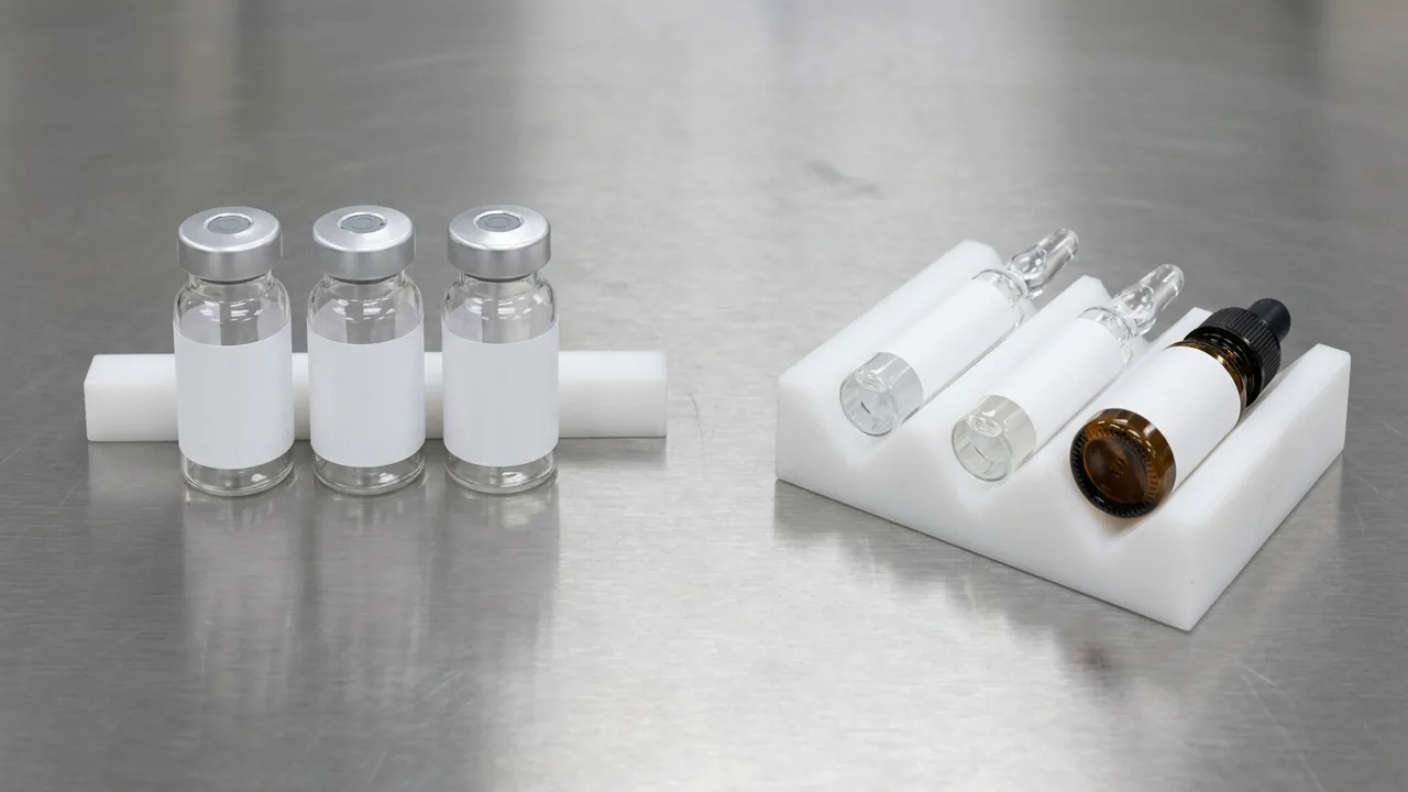 Close-up workshop photograph on a brushed stainless-steel surface showing three clear flat-bottom glass serum vials standing upright between white Delrin guide rails on the left, beside a white Delrin V-groove cradle holding two glass ampoules and an amber dropper bottle horizontally on the right