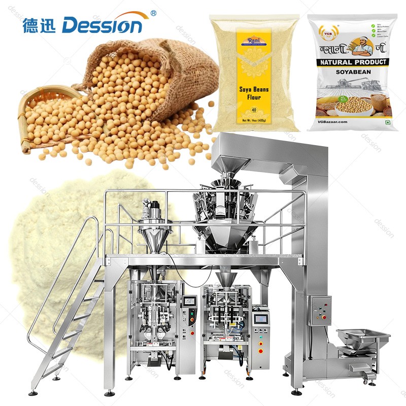 Stainless Steel Vertical Form Fill Seal Packager for Soy-Based Products | Dust-Controlled VFFS with Auger Filling for Powder/Granule Blends — machine and packaging reference