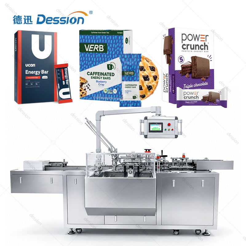 Versatile Energy Bar Cartoning Machine with Quick-Change Format | Flexible Packaging for Protein & Nutrition Bars Co-Packing — machine and packaging reference