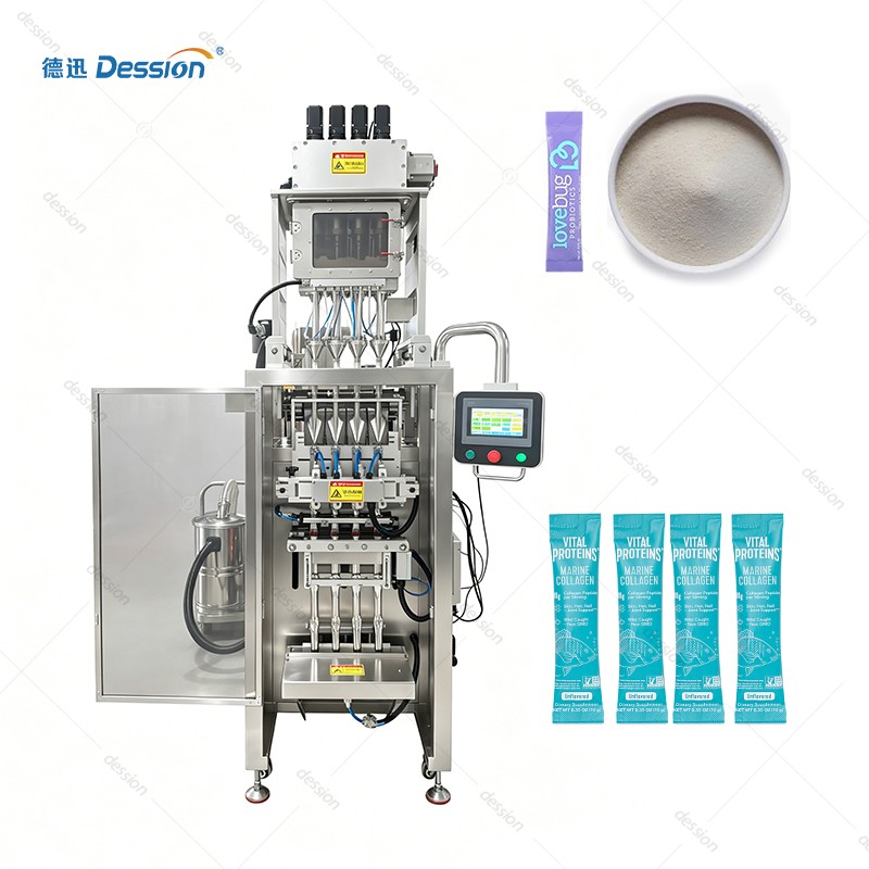 Automatic 4-Lane Back-Seal Powder Packaging Machine for Collagen & Health Supplements — machine and packaging reference