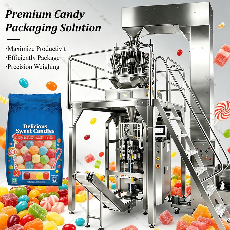 Food Grade Automatic Weighing Gummy Cotton Candy Bulk Candy Packaging Machine — machine and packaging reference