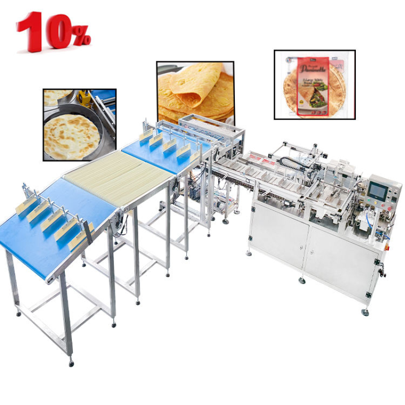 high-end machine for feeding, bagging, sealing, and cartoning pre-made flatbread bases — machine and packaging reference