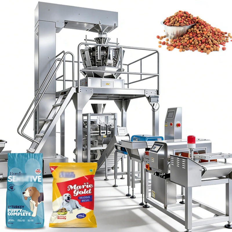 Multihead Weighing Automatic Pet Food Stand up Bag Packing Machine Dog Food Cat Food Feed Pouch Packaging Machine — machine and packaging reference
