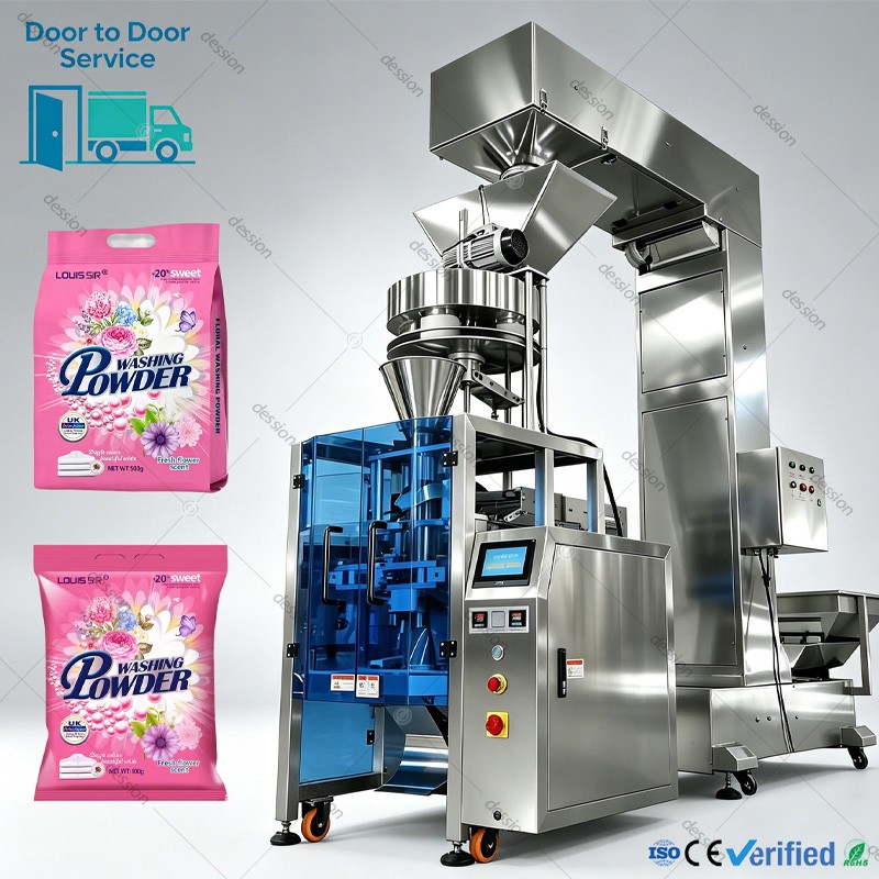 VFFS Automatic Detergent Powder Packing Machine for 500g 1kg Washing Powder Detergent Packaging Machine — machine and packaging reference