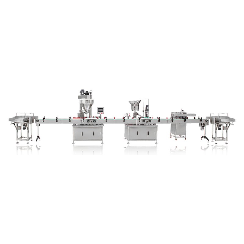 Hookah bottle filling line with a bottle unscrambler, an auger filler, a capping machine, a foil sealer and a collecting table.