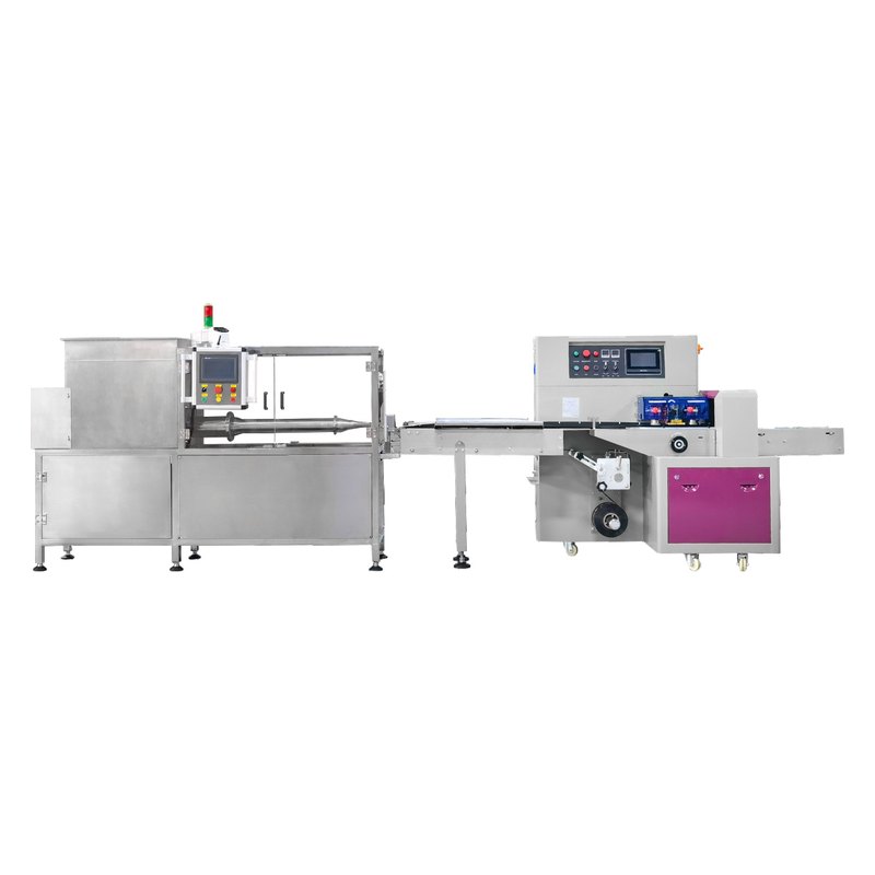 Horizontal hookah packaging machine LV-350SY, front view: extruder on the left, pillow-type packer with film reel on the right.