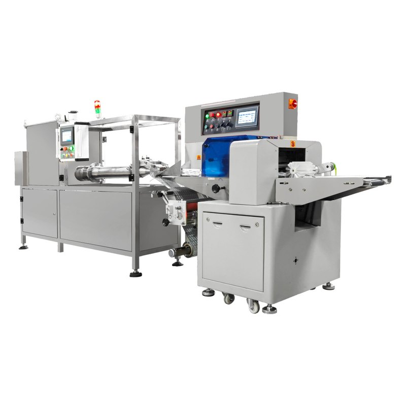 Horizontal hookah packaging machine LV-350SY from an angle, showing the extruder barrel, the packer control panel and the outfeed.