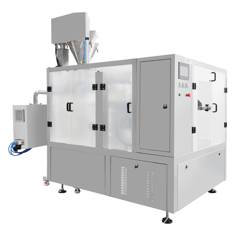Premade pouch shisha packing machine LV-350SY with a dosing hopper on top and a guarded pouch filling and sealing station.