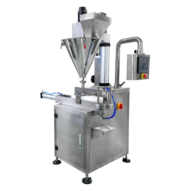Semi-automatic shisha weighing and packing machine LV-SY: floor-standing stainless steel cabinet with a cone hopper, dosing unit and control box.