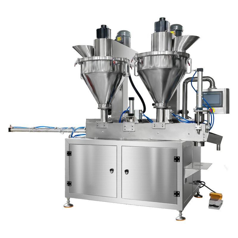 Double-discharge semi-automatic shisha weighing machine LV-SY: two cone hoppers and dosing units on one floor-standing stainless steel cabinet.