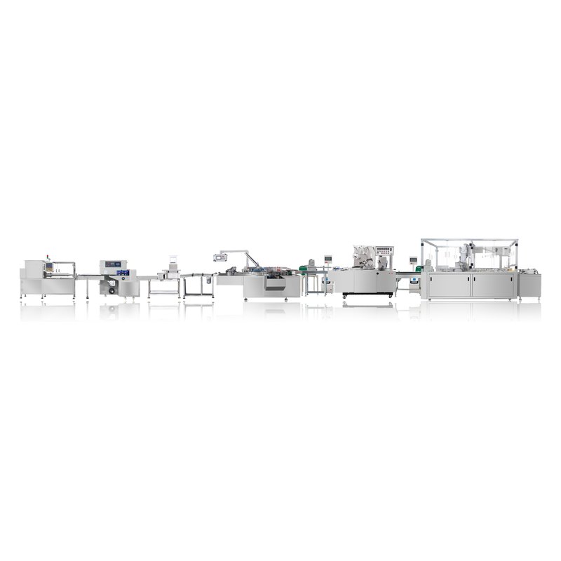 Straight hookah packaging line: extruder and pillow packer, checkweigher, cartoner and cellophane wrapping machines in one run.