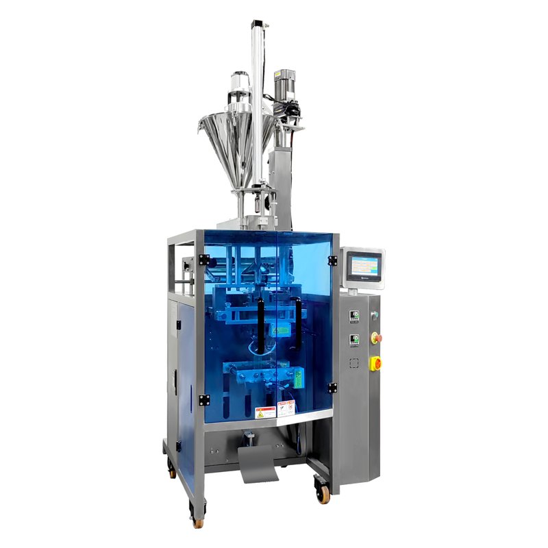 Vertical shisha pouch packing machine LV-320SY with a dosing hopper above the forming tube and a touch-screen control panel.