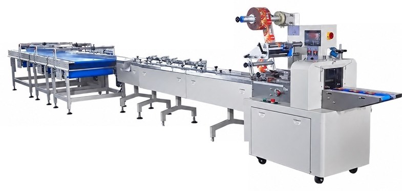 Línea de envoltura flow pack con transportador multicarril de alimentación de galletas.