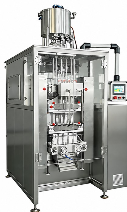 Envasadora multicarril de sticks de leche en polvo y sustituto de crema con tolva dosificadora sobre los carriles de formado.