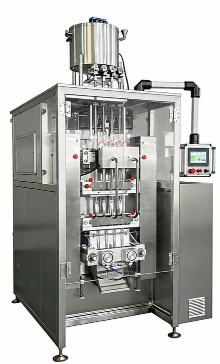 Four-lane cosmetic lotion and cream sachet machine with a product hopper above the piston pumps and forming lanes.