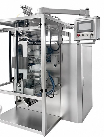 Multi-lane four-side seal sachet machine for hand sanitizer with a touch screen and an enclosed forming section.